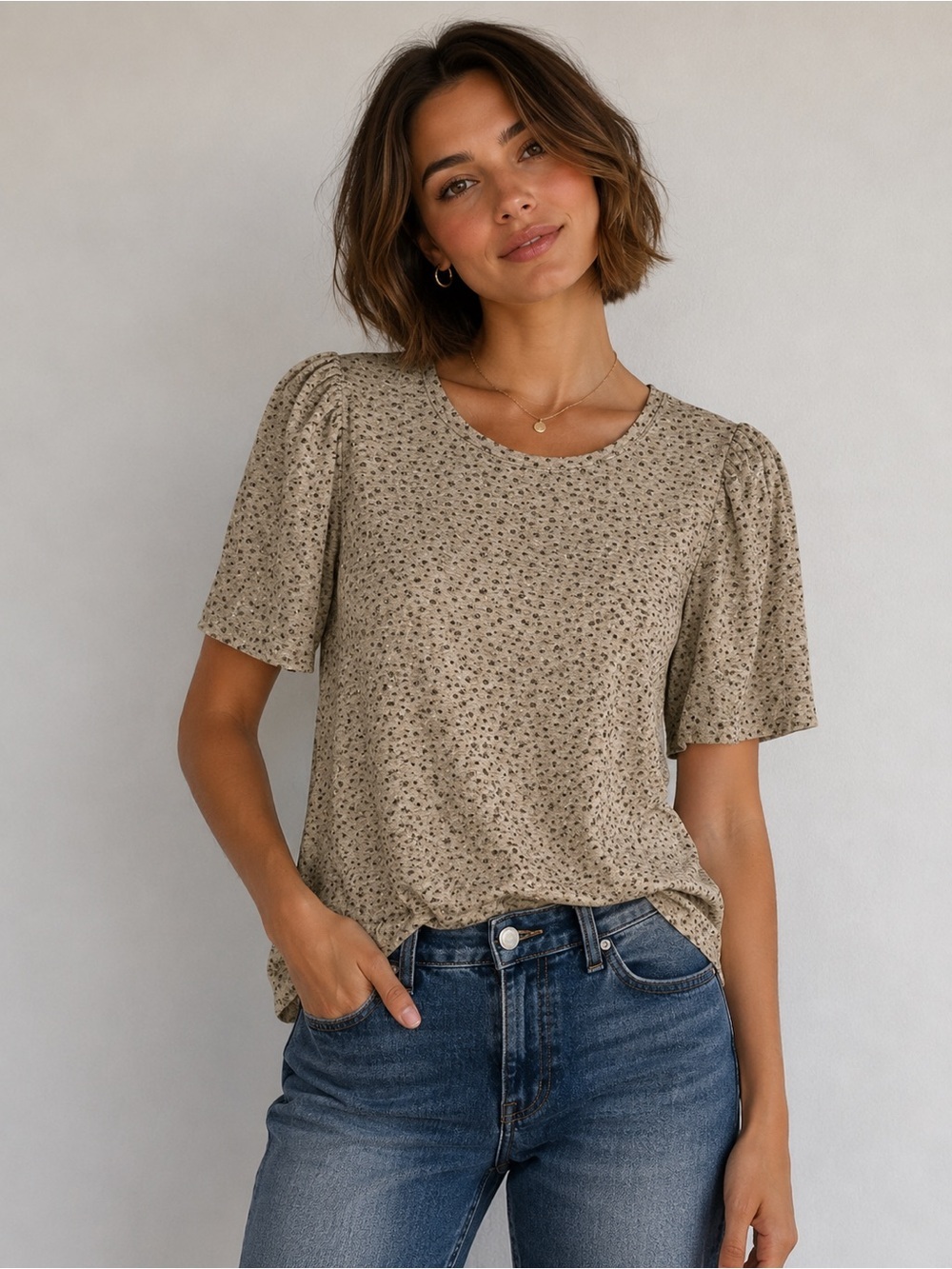 Democracy Beige Floral Puff-Sleeve Tee